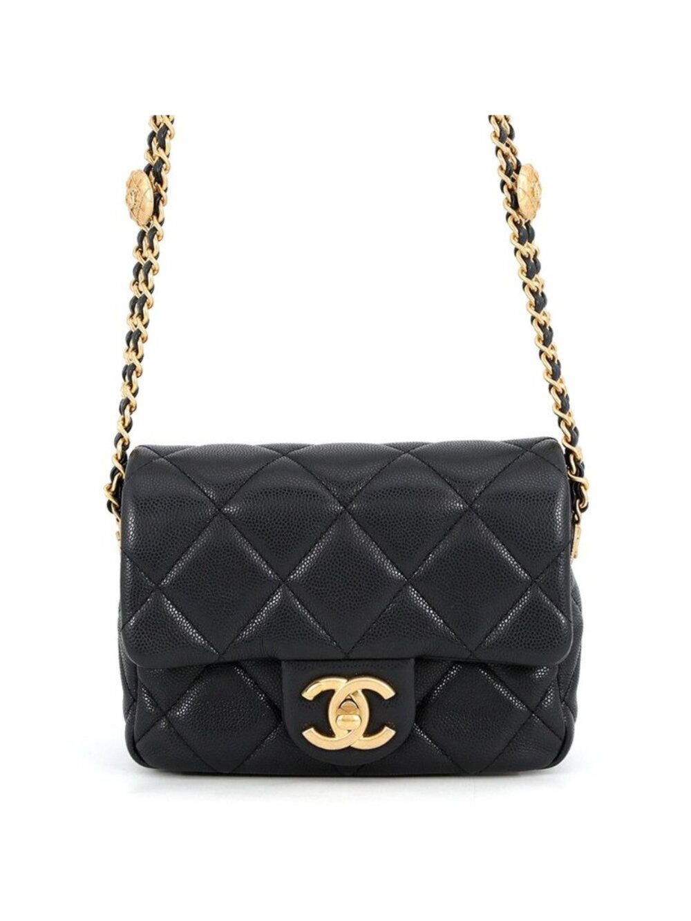 Chanel Chain Shoulder Bag Quilted CC Logo Coin Motif Caviar Leather Black
